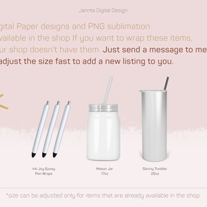 K&ouml;nnte beinhalten: Das Bild zeigt wei&szlig;e Ink Joy Epoxy Stifth&uuml;llen, ein 503ml Mason-Glas und einen 591ml Skinny-Tumbler. Der Text lautet: &bdquo;Alle Digital Paper Designs und PNG-Sublimation sind im Shop erh&auml;ltlich&ldquo;. Der Hintergrund ist hellrosa mit goldenen Sternen.