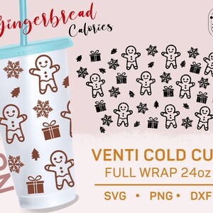 以下が含まれることがあります： ジンジャーブレッドマン、雪片、ギフトボックスのパターンが施された白い24オンスの冷たいカップ。カップの上部には「Gingerbread Calories」の文字。カップの側面には「No Hole」の文字。カップの下部には「VENTI COLD CUP FULL WRAP 24oz」の文字。カップの下には「SVG PNG DXF」の文字。