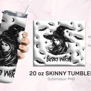 May include: A white 20 ounce skinny tumbler with a sublimation design of a witch with a black hat and long black hair. The design includes bats, stars, and crescent moons. The text "basic witch" is written below the witch.