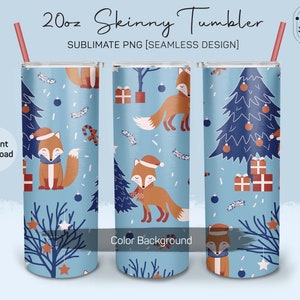 Schattige Fox 20oz Tumbler Sublimate PNG | Kerstbomen Naadloos patroon | Xmas Winter Design Skinny Tumbler | Leuke dierenglijbaan