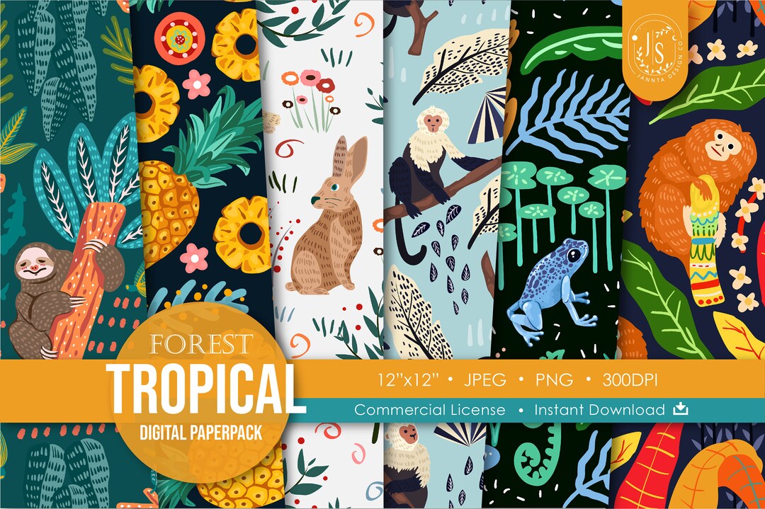 Tropical Forest Digital Paper Pack | Animal Seamless Pattern | Jungle ...