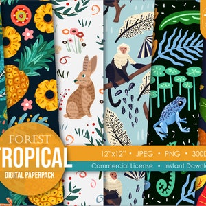 Puede incluir: Un paquete de papel digital con patrones tropicales de 30,5 cm x 30,5 cm. Los patrones presentan perezosos, monos, piñas, ranas, conejos y hojas en una variedad de colores. El texto "FOREST TROPICAL DIGITAL PAPERPACK" se muestra en la imagen.