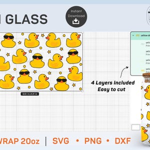 May include: A digital design for a 20-ounce can wrap featuring a repeating pattern of yellow rubber ducks with sunglasses. The design is labeled "FULL WRAP 20oz" and includes four layers for easy cutting.