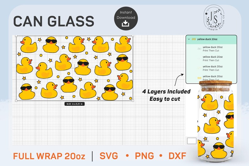 May include: A digital design for a 20-ounce can wrap featuring a repeating pattern of yellow rubber ducks with sunglasses. The design is labeled "FULL WRAP 20oz" and includes four layers for easy cutting.