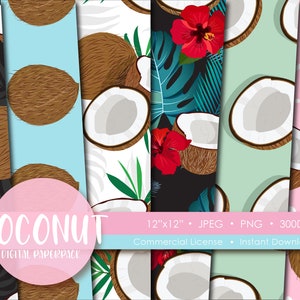 May include: A digital paper pack featuring various coconut designs. The patterns include whole and halved coconuts, tropical leaves, and hibiscus flowers. The color palette includes brown, black, blue, green, and pink. The text "COCONUT DIGITAL PAPERPACK" is displayed.