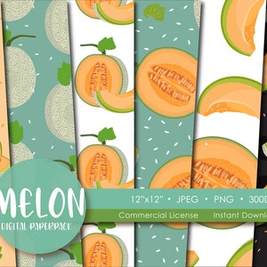 Melon Digital Papers | Honeydew Cantaloupe | Healthy Fruit Set Wrapping | Food Background Printable | Seamless Pattern | Scrapbook Paper
