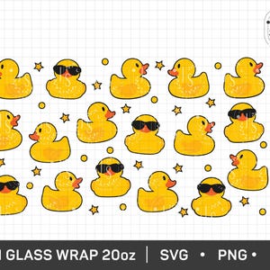 May include: A set of 15 yellow rubber duck illustrations with black sunglasses. The ducks are arranged in a random pattern on a white background with small yellow stars.