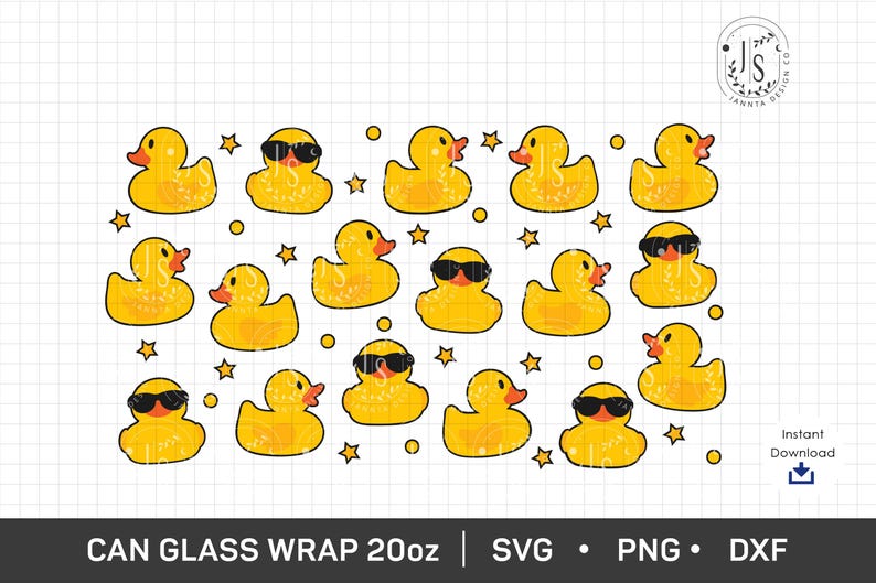 May include: A set of 15 yellow rubber duck illustrations with black sunglasses. The ducks are arranged in a random pattern on a white background with small yellow stars.