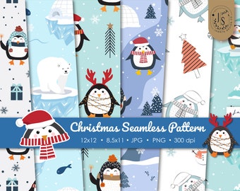 Christmas Penguin Pattern, Xmas Wrapping Paper, Winter Paper, Animal Seamless Background, Printable gift box, Scrapbook Supplies, Merry Xmas