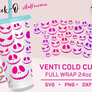 Creepy Pumpkin Halloween Full Wrap, 24oz Venti Cold Cup SVG PNG (No Hole)