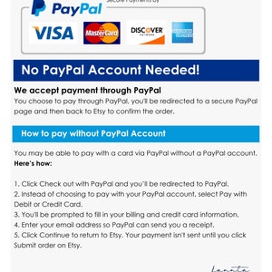 K&ouml;nnte beinhalten: Ein wei&szlig;es Grafikdesign mit dem PayPal-Logo und akzeptierten Kreditkarten: Visa, Mastercard, Discover und American Express. Der Text lautet: &bdquo;Kein PayPal-Konto erforderlich!&ldquo; und erkl&auml;rt die Kartenzahlung.