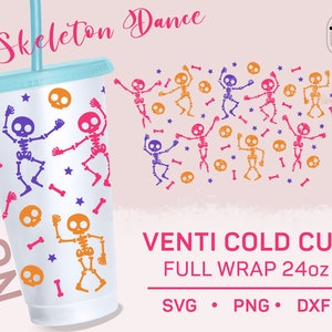 Dancing Skeleton SVG, Skeleton Dance No Hole 24oz Venti Cold Cup svg, Horror Halloween Seamless Full Wrap, Tumbler Template svg, Cricut