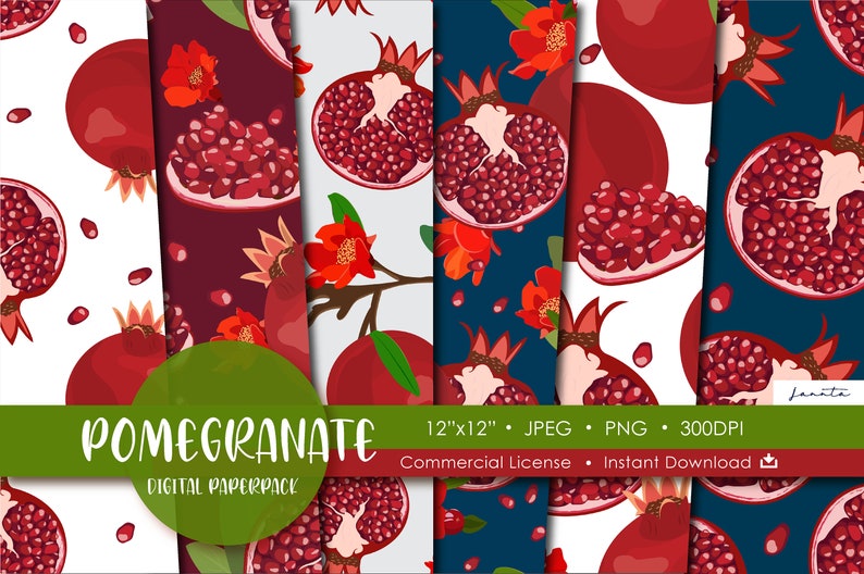 Food Background Printable Seamless Pattern Digital Papers Pack Pomegranate Digital Paper Fruit Wrapping Paper Scrapbook Sheet