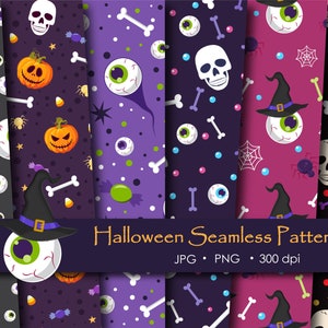 May include: Eight different Halloween themed seamless patterns featuring various elements such as eyeballs, pumpkins, skulls, bones, candy, spiders, and witch hats. The patterns are in various colors including purple, pink, black, and green.