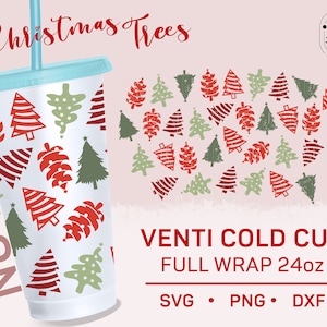 Árbol de Navidad SVG, No Hole 24oz Venti Cold Cup svg, Coniferous Seamless Full Wrap DIY, Tumbler Template svg, Winter Merry Xmas, Cricut cut
