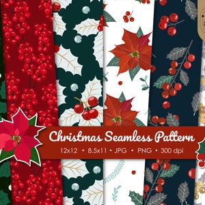Padrão de azevinho de Natal, papel de embrulho de Natal, papel de inverno, fundo sem emenda de planta, caixa de presente imprimível, suprimentos para scrapbook, feliz Natal