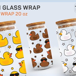 May include: Three glass jars with lids, each featuring a different design of rubber duckies. The jars are labeled "CAN GLASS WRAP FULL WRAP 20 oz".