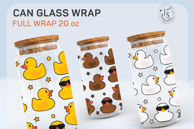 May include: Three glass jars with lids, each featuring a different design of rubber duckies. The jars are labeled "CAN GLASS WRAP FULL WRAP 20 oz".