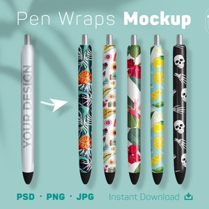 May include: Mockup of six different pen wraps. The pen wraps feature various designs, including tropical leaves, skulls, and lemons. The pen wraps are all white with black outlines. The text "Pen Wraps Mockup" is at the top of the image. The text "PSD. PNG. JPG" is at the bottom left of the image. The text "Instant Download" is at the bottom right of the image.
