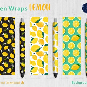 K&ouml;nnte beinhalten: Stift-Designs mit Zitronen-Motiven. Das Bild zeigt verschiedene Stiftdesigns mit Zitronen auf schwarzen, wei&szlig;en und gr&uuml;nen Hintergr&uuml;nden. Das Wort "LEMON" ist gelb geschrieben. Die W&ouml;rter "Pen Wraps" und "Instant Download" sind ebenfalls sichtbar.