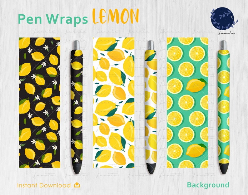 K&ouml;nnte beinhalten: Stift-Designs mit Zitronen-Motiven. Das Bild zeigt verschiedene Stiftdesigns mit Zitronen auf schwarzen, wei&szlig;en und gr&uuml;nen Hintergr&uuml;nden. Das Wort "LEMON" ist gelb geschrieben. Die W&ouml;rter "Pen Wraps" und "Instant Download" sind ebenfalls sichtbar.