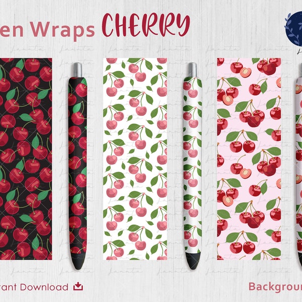 Cherry Pen wraps PNG | Fruit Pen wrap | Berry Fruits File Set | Waterslide | Vinyl PNG file | Digital instant download | Leaf Pen Wrap