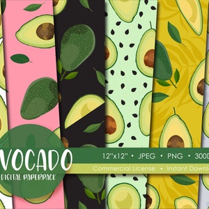 May include: Digital paper pack featuring avocado illustrations. The designs include whole and sliced avocados, leaves, and seed patterns on various backgrounds, including white, pink, black, and yellow. The text "AVOCADO DIGITAL PAPERPACK" is displayed.