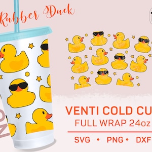 Anatra di gomma SVG, involucro di tazza senza foro 24 once, Happy Rubber Ducks avvolgimento completo senza soluzione di continuità fai da te, modello di avvolgimento di tumbler da spiaggia d'anatra, Venti Cold, Cricut