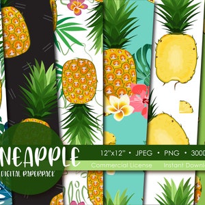 May include: A digital paper pack with 6 different pineapple patterns. The patterns feature pineapples, pineapple slices, tropical leaves, and flowers. The patterns are in a variety of colors, including green, yellow, white, and blue. The paper pack is 12 inches by 12 inches and is 300 DPI. It is available in JPEG and PNG formats. The paper pack is for commercial use and is an instant download.