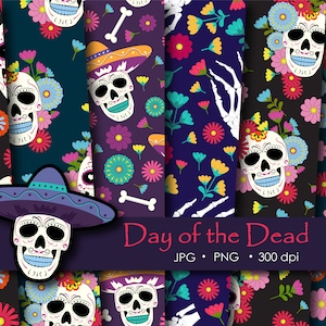 Tag der Toten Digitales Papier | Zuckerschädel | Halloween Horror Pack | Gothic Wrapping Papiere | Nahtloses Muster | Scrapbook Druckbares Blatt