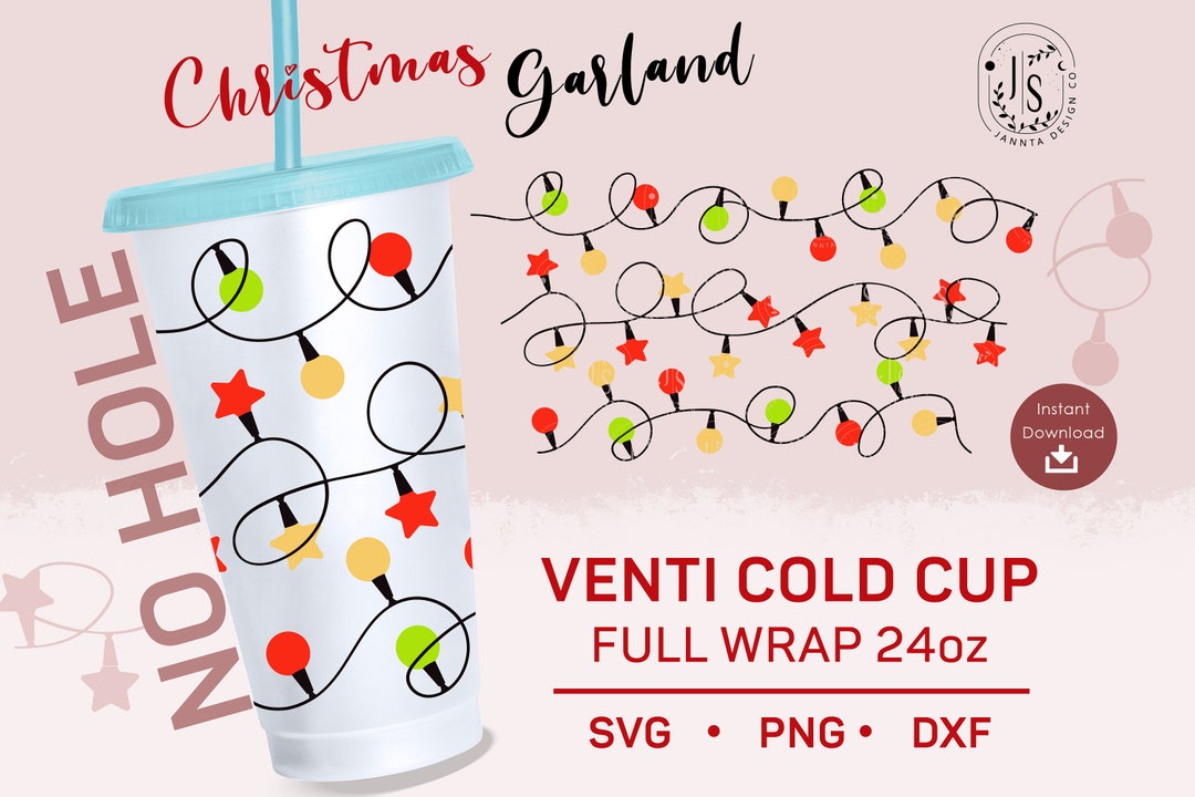 Christmas Garland, Fairy Lights SVG, No Hole 24oz Venti Cold Cup Svg
