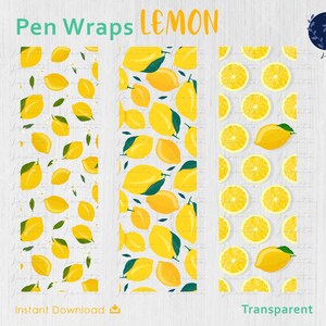 K&ouml;nnte beinhalten: Drei Stift-Wrap-Designs mit Zitronen-Thema. Die Designs zeigen ganze Zitronen, Zitronenscheiben und eine Mischung aus beidem, mit gr&uuml;nen Bl&auml;ttern und wei&szlig;en Bl&uuml;ten auf wei&szlig;em Hintergrund. Der Text "Pen Wraps LEMON" steht oben.
