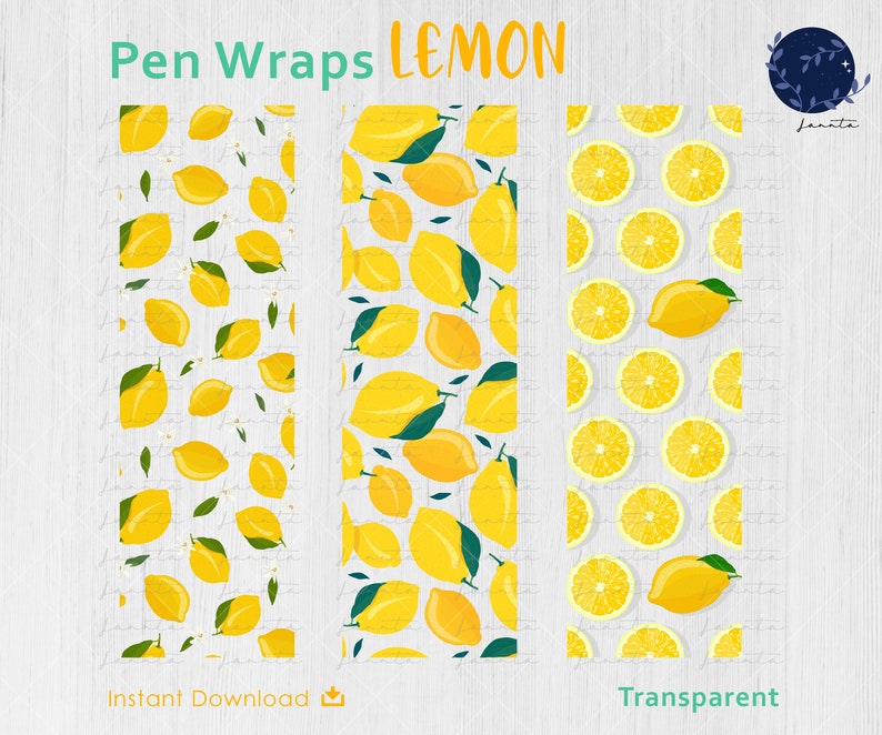 K&ouml;nnte beinhalten: Drei Stift-Wrap-Designs mit Zitronen-Thema. Die Designs zeigen ganze Zitronen, Zitronenscheiben und eine Mischung aus beidem, mit gr&uuml;nen Bl&auml;ttern und wei&szlig;en Bl&uuml;ten auf wei&szlig;em Hintergrund. Der Text "Pen Wraps LEMON" steht oben.