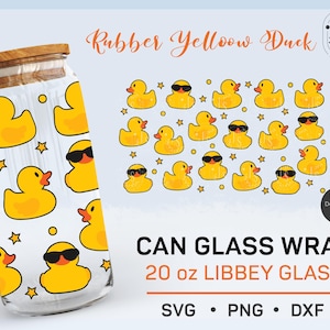 May include: A glass jar with a wooden lid, featuring a pattern of yellow rubber ducks on a white background. The jar is labeled "CAN GLASS WRAP 20 oz LIBBEY GLASS" and "SVG &bull; PNG &bull; DXF".