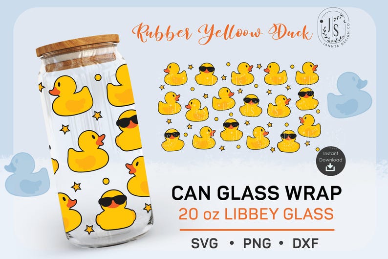 May include: A glass jar with a wooden lid, featuring a pattern of yellow rubber ducks on a white background. The jar is labeled "CAN GLASS WRAP 20 oz LIBBEY GLASS" and "SVG &bull; PNG &bull; DXF".