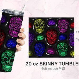 Inflated Bubble Skull Tumbler Wrap, 3D Tumbler Design Skinny Tumbler 20oz, Sublimation Digital Download Puff Tumbler, 3D Sugar Skull Neon