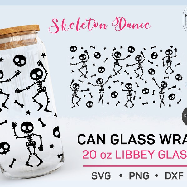 20oz Dancing Skeleton Can Glass Wrap SVG, Libbey Full Wrap svg, Horror Halloween Seamless DIY, Coffee Glass Template, Autumn PNG, Cricut Cut