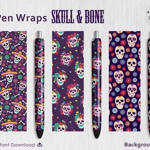 Sugar Skull Pen Wrap PNG | Skulls wraps png | Zestaw plików Halloween Wrap | Halloween Waterslide | Plik winylowy PNG | Retro Gothic Digital