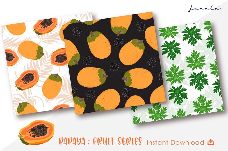 Tropical Food Background Printable Seamless Pattern Fruit Set Wrapping Scrapbook Paper Pack Digital Papers Papaya Digital Pattern