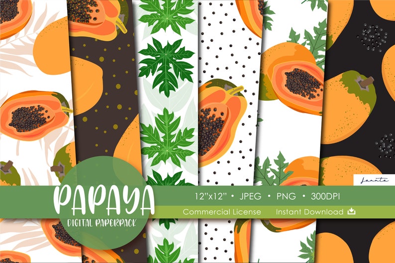 Tropical Food Background Printable Seamless Pattern Fruit Set Wrapping Scrapbook Paper Pack Digital Papers Papaya Digital Pattern