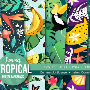 May include: A digital paper pack with five different tropical patterns. The patterns feature toucans, bananas, cacti, and other tropical plants. The patterns are in bright colors, including green, yellow, blue, and red. The paper pack is 12 inches by 12 inches and is available in JPEG and PNG formats. It is 300 DPI and comes with a commercial license.