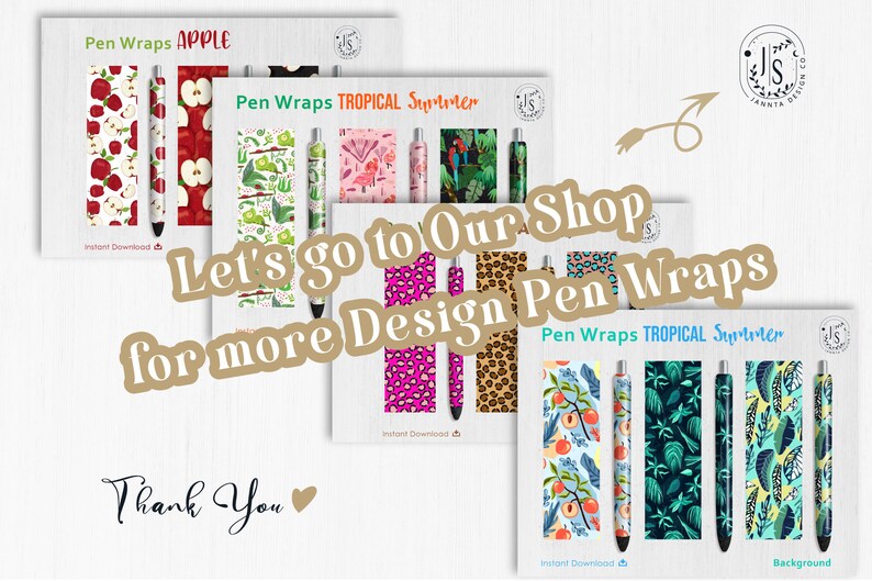 K&ouml;nnte beinhalten: Bild mit Stifth&uuml;llen mit verschiedenen Designs, darunter &Auml;pfel, tropische Muster und Leopardenmuster. Der Text auf dem Bild lautet "Pen Wraps" und "Let's go to Our Shop for more Design Pen Wraps."