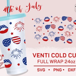 4 de julio SVG, Lips SVG, No Hole, 24oz Venti Cold Cup SVG, Patriotic Seamless Full Wrap, Sunglass Tumbler Template svg, Cricut Cut File