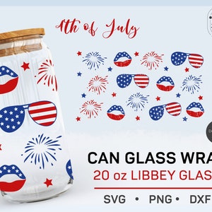 20 oz, 4 de julio Can Glass SVG, Gafas de sol Libbey Full Wrap, Patriotic Seamless DIY, Coffee Glass Template, Lips svg, Glass PNG Cut File