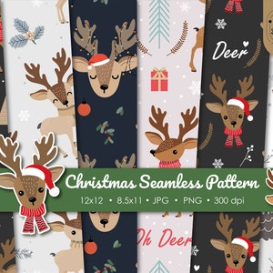 Modello di renna natalizia, carta da regalo, carta invernale, sfondo senza cuciture con animali, confezione regalo stampabile, forniture per album, buon Natale