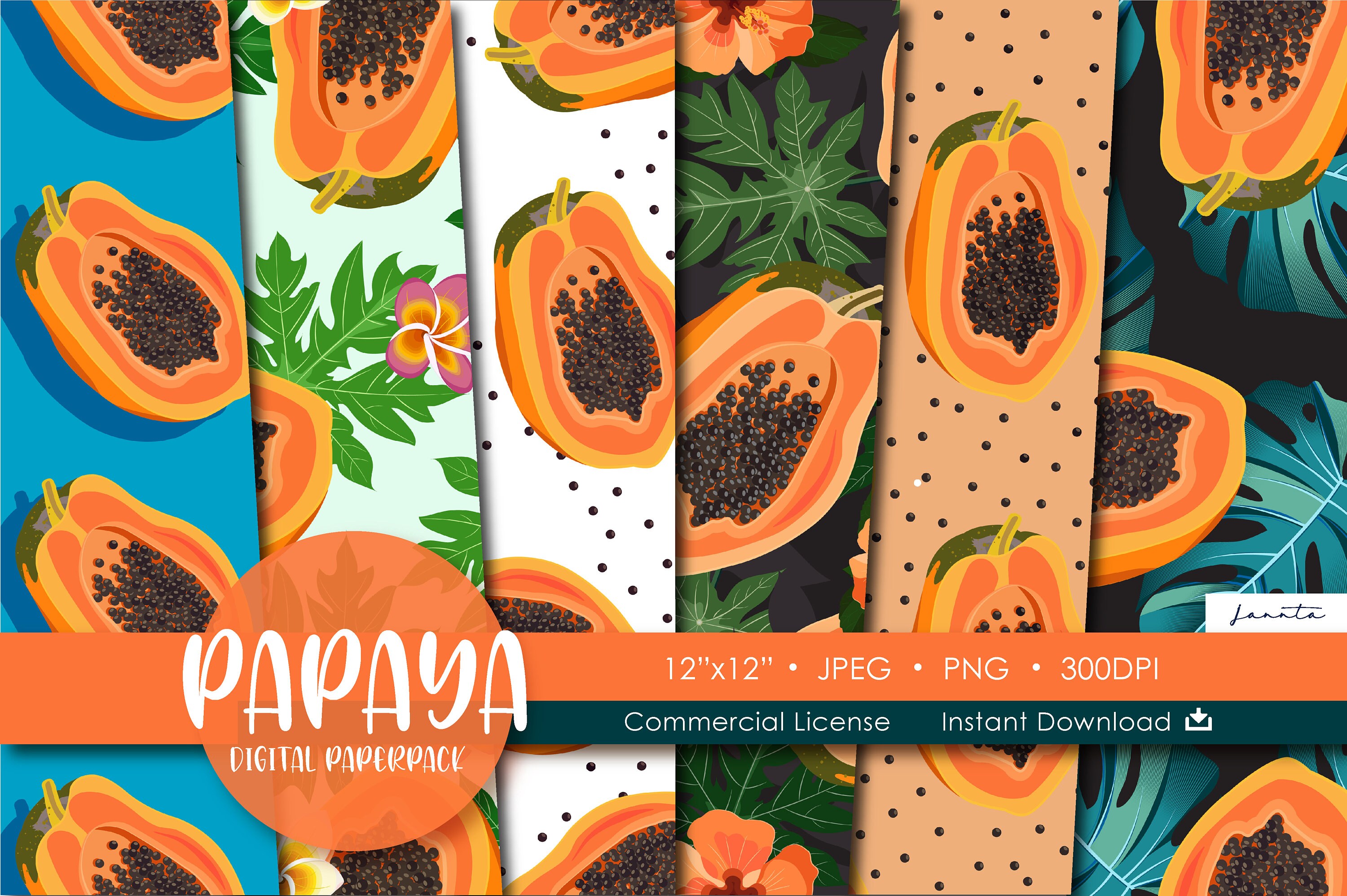 Tropical Food Background Printable Seamless Pattern Fruit Set Wrapping Scrapbook Paper Pack Digital Papers Papaya Digital Pattern