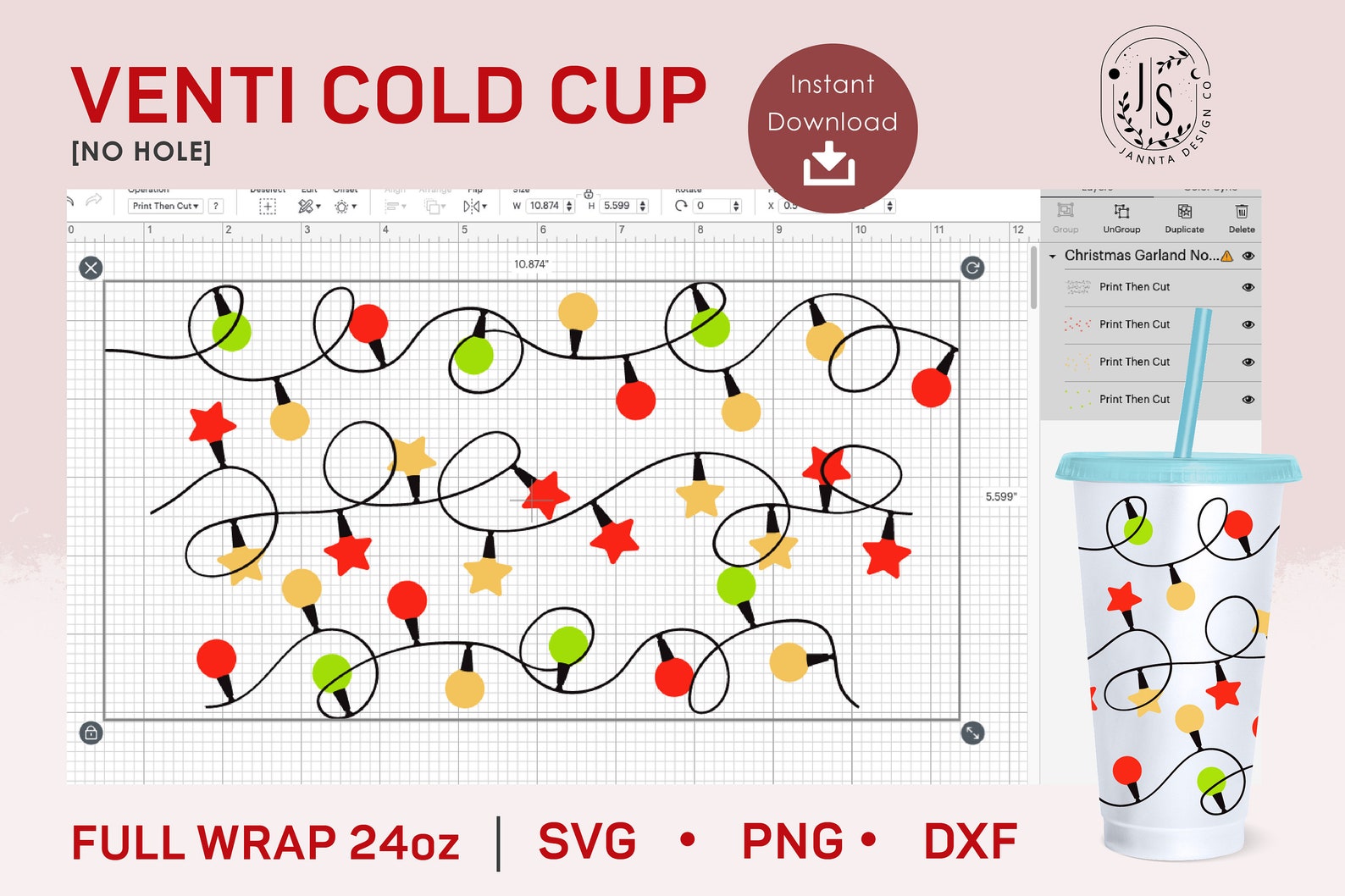 Christmas Garland Fairy Lights SVG No Hole 24oz Venti Cold Etsy
