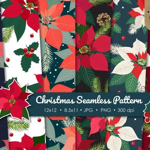 Padrão de poinsétia de Natal, papel de embrulho, papel de inverno, fundo sem emenda de Natal, caixa de presente imprimível, suprimentos para scrapbook, feliz