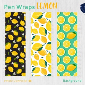 K&ouml;nnte beinhalten: Drei Stift-Wrap-Designs mit Zitronenmustern. Eines zeigt Zitronen und wei&szlig;e Bl&uuml;ten auf schwarzem Hintergrund. Ein anderes hat Zitronen auf wei&szlig;em Hintergrund. Das dritte Design hat Zitronenscheiben und ganze Zitronen auf gr&uuml;nem Hintergrund. Das Wort "LEMON" steht oben.