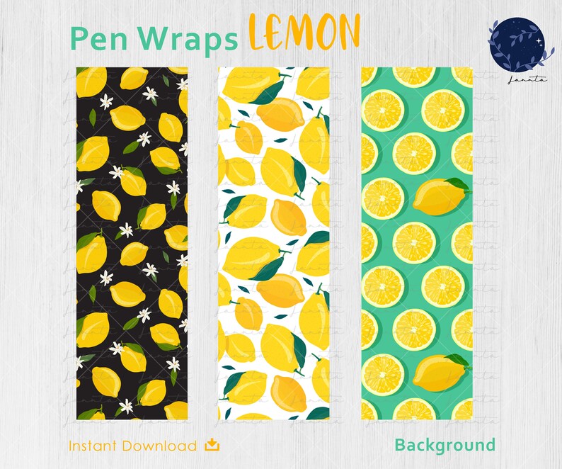 K&ouml;nnte beinhalten: Drei Stift-Wrap-Designs mit Zitronenmustern. Eines zeigt Zitronen und wei&szlig;e Bl&uuml;ten auf schwarzem Hintergrund. Ein anderes hat Zitronen auf wei&szlig;em Hintergrund. Das dritte Design hat Zitronenscheiben und ganze Zitronen auf gr&uuml;nem Hintergrund. Das Wort "LEMON" steht oben.